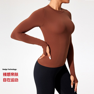 Ami Medea Women's Seamless <b>Long</b> <b>Sleeve</b> Yoga Top Crew Neck Fitted Fitness Wear Running Exercise Stretchy Ribbed <b>Base</b> <b>Layer</b> - Product Image 2