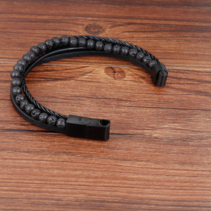 Thời Trang Nhiều Lớp Dệt Bện Vòng Đeo Tay Bằng Da Cho Nam Giới Đá Tự Nhiên Dung Nham Đính Cườm Vòng Đeo Tay Nam Bangles - Product Image 6
