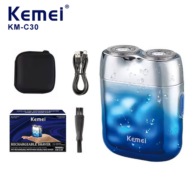 Kemei KM-C30 300mAh Gradient IPX7 Waterproof Mini Men's Rotary Shaver Double Head Type C Male Beard Cutter Electric Wholesaler