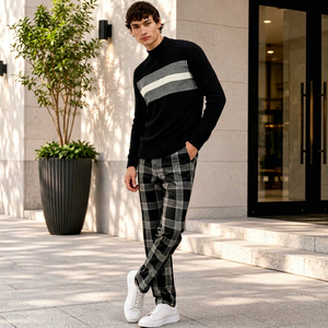 Pull en maille côtelée à carreaux pour homme, col rond, manches longues, décontracté, hiver, avec logo imprimé sur le devant - Product Image 1