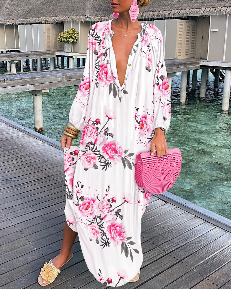 New Arrival Casual Floral Print Deep V-Neck Long Dress Autumn Long Sleeve Casual Dresses Women Shirt Dress