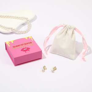 Boîte à bijoux magnétique en carton rose mignon avec logo personnalisé de luxe pour colliers et boucles d'oreilles, et pochette assortie - Product Image 4