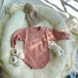 Kualitas tinggi disesuaikan Label Bodysuit musim dingin Onesie Solid Chunky Sweater pakaian bayi Romper Set - Product Image 5