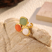 Edelstahlring PVD-Beschichtet mit Naturstein, Drei Ovale Steine, Verstellbar, Offen, Vintage Damenmode Schmuck Großhandel