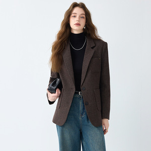 Khaki Wool Blazer Women Solid Color Mid Length With Pockets And Buttons No Wrinkle Treatment Autumn Winter Coat - Product Image 3