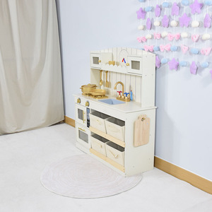 Cuisine de jeu en bois pour enfants avec four, cuisinière, évier, mixeur et bacs de rangement, ensemble de cuisine d'imitation Montessori – Blanc crème - Product Image 3