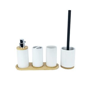 BX Bathroom <strong>Accessories</strong> Set 5 Pieces <strong>Ceramic</strong> and Bamboo <strong>Bath</strong> <strong>Accessory</strong> Complete Set - Product Image 1