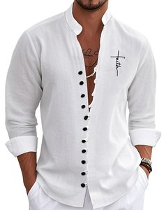 Chemise en lin blanche pour homme, décontractée, à manches longues, col mandarin, boutonnée, pour un usage quotidien - Product Image 1
