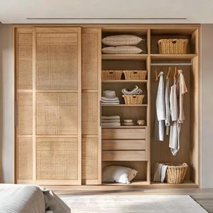 Modern İskandinav Tarzı Dayanıklı Masif Ahşap Gardırop, Sürgülü Menteşeli Rattan Kapılı Yatak Odası Dolapları, Fabrikadan Doğrudan Gardırop - Product Image 3