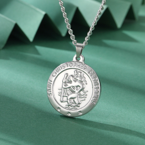 Collana con ciondolo tondo San Cristopher classica <span class=keywords><strong>catenina</strong></span> con amuleto religioso ci protegge gioielli in acciaio inossidabile - Product Image 5