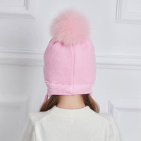 Mignonnes filles enfants hiver tricoté bonnet chapeaux avec fourrure naturelle pompon nœud papillon strass Bobble oreille rabat chapeau pour enfant en gros