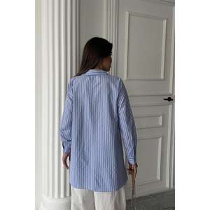 Camisa Larga a Rayas Azules para Mujer, Blusa Informal de Popelina con Botones, para Uso Diario - Product Image 1