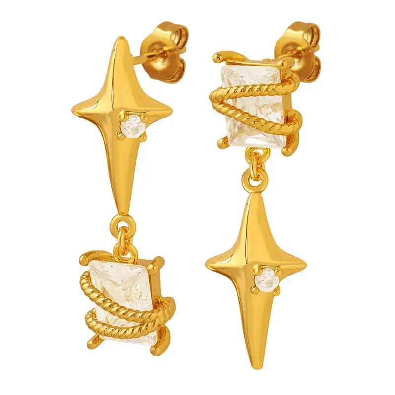Real Gold Plating White CZ Cross Dangle Earrings Newest Chic Stainless Steel Zircon Diamond Star Earring