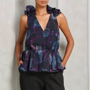 Robe courte pour femme en velours 3D floral non tissé 100% soie, cintrée à la taille, plissée, imprimée par décharge, dégradé d'encre, à volants, col en V - Product Image 2