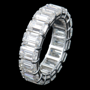 925 Sterling <b>Silver</b> Hip Hop Cuban Eternity Band <b>Emerald</b> Cut 4x6mm VVS Moissanite Prong Set Rhodium/Platinum Plated Full <b>Rings</b> - Product Image 1