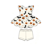 Robes sans manches à volants imprimées Halloween personnalisées, ensembles courts 2 pièces, vêtements pour bébés et enfants en tissu bambou, collection boutique, vente chaude