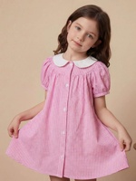 Robes d'été pour filles avec col Peter Pan, coupe trapèze, manches courtes, en pur coton
