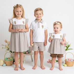 Ropa de Pascua al por Mayor para Bebés Niñas y Niños, Conjunto de 2 Piezas con Bordado de Cruz y Rayas, Vestido con Pantalones Cortos, Trajes de Primavera para Niños - Product Image 1