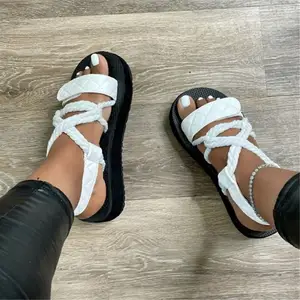 2022 verano Zapatos de talla grande sandalia plataforma cuerda de cáñamo Sandalias planas Sanduals etiqueta Gua Casual PU PVC para mujeres y damas negro