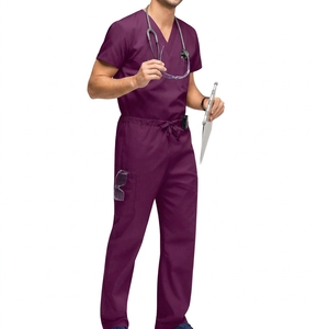 Ensemble de blouses médicales violettes pour hommes en coton et polyester tissé, pantalon d'uniforme d'hôpital avec stéthoscope et porte-clé - Product Image 1