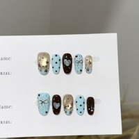 Faux ongles à presser personnalisés faits main, mignons, bleus et marron, avec nœud et cœur, pour nail art