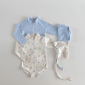 Vente en gros personnalisation pull-over coréen imprimé à pois carrés maillot de bain crème solaire pour bébé garçon et fille avec <span class=keywords><strong>bonnet</strong></span> de bain été - Product Image 1