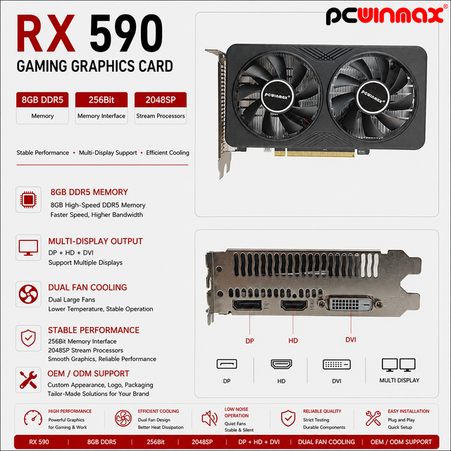 PCWINMAX Original RX 590 8GB GDDR5 256Bit 2048SP Gaming Graphics Card Wholesale in Stock for Desktop Computer Assemblers