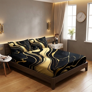 Juego de Sábanas de 3 Piezas con Diseño de Mármol Abstracto y Vetas Doradas, Patrón de Ágata, Bolsillos Profundos, para Cama Queen/King - Product Image 4