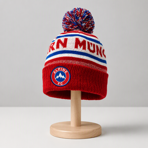 Bonnet en tricot jacquard acrylique thermique d'hiver de haute qualité avec pompon, motif personnalisé, bonnet épais tricoté - Product Image 1