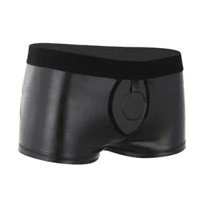 In Voorraad Heren Erotische Faux Leather Boxer Shorts Laagbouw Zwart Plus Size Pouch Ondergoed Met O-Ring