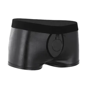 In Magazzino Mens Erotica Faux Cuoio Pugile della biancheria intima Pantaloncini A Vita Bassa Più Il Nero di Formato Del Sacchetto Della Biancheria Intima con O-ring