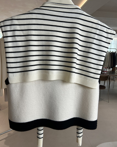 Stylish Women's Sleeveless Knitted Wool/Nylon Japan Style Cardigan Black and <b>White</b> Striped <b>V</b>-<b>Neck</b> with Front Logo - Product Image 2