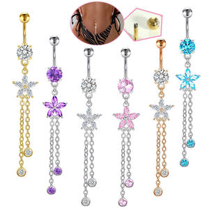 Bijou de <span class=keywords><strong>piercing</strong></span> pour femme, anneau de nombril en cuivre plaqué or, micro-incrustation de zircon coloré, motif fleur et pampille - Product Image 5