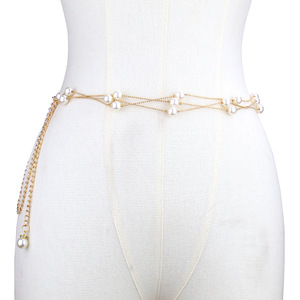 Chaîne de taille double couche en fausses perles, chaîne de corps en imitation perles dorées, accessoire de mode pour soirée - Product Image 2