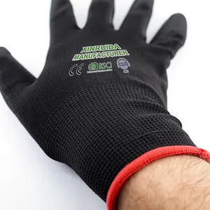 Penjualan paling laris 13G sarung tangan selesai lapisan PU hitam poliester hitam lapisan PU dilapisi untuk Kerja Keselamatan