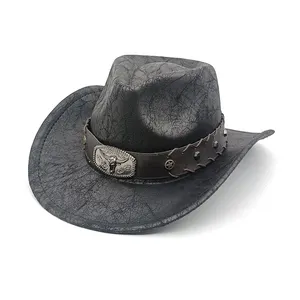 American Vintage Leather Fedora Hats Men's and Women's Western Cowboy Style Cracked Felt for Party Beach Fishing