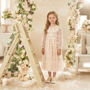 Abiti Eleganti Floreali per Ragazze Hongbo con Maniche Lunghe Trasparenti e Decorazioni in Pizzo Design Stampato per Feste - Product Image 1