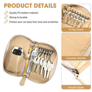 Funda de cuero genuino <span class=keywords><strong>para</strong></span> llaves de coche, protector de llave inteligente, soporte <span class=keywords><strong>para</strong></span> entrada sin llave con gancho metálico y bolsa con cremallera - Beige - Product Image 2