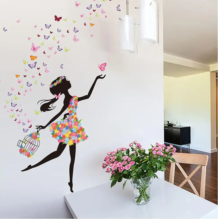 Autocollant Mural fleur papillon de jolie fille, étiquette décorative, pour décoration de maison, chambre d'enfant, affiche imprimée, DIY bricolage