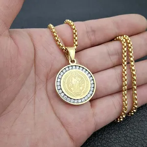 2023 Tendência Moda Aço Inoxidável Medalha Benedict Pingente Jóias Católica Religiosa San Benito Cubic Zircon Pingente Colar