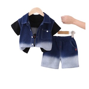 Completo Estivo Sportivo Blu Stile Coreano per Bambini, Tuta Casual da Ragazzo <span class=keywords><strong>6</strong></span> Anni, Set Estivo alla Moda in 3 Pezzi - Product Image 1