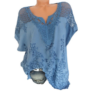 Sommer Kurzarm Damenblusen und -Tops Lose Weiße Spitzen-Patchwork-Hemden Übergröße <span class=keywords><strong>4XL</strong></span> <span class=keywords><strong>5XL</strong></span> Damen-Tops Freizeitkleidung - Product Image 4