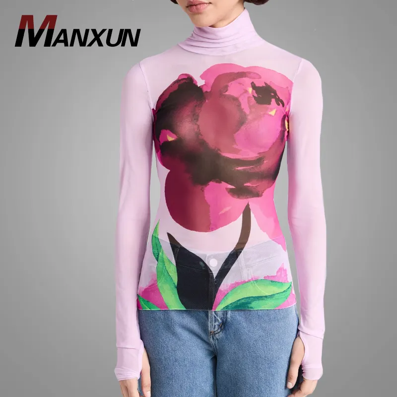 Top corto de manga larga transparente con logotipo personalizado Tops de malla de flores bonitas Camiseta ajustada hermosa