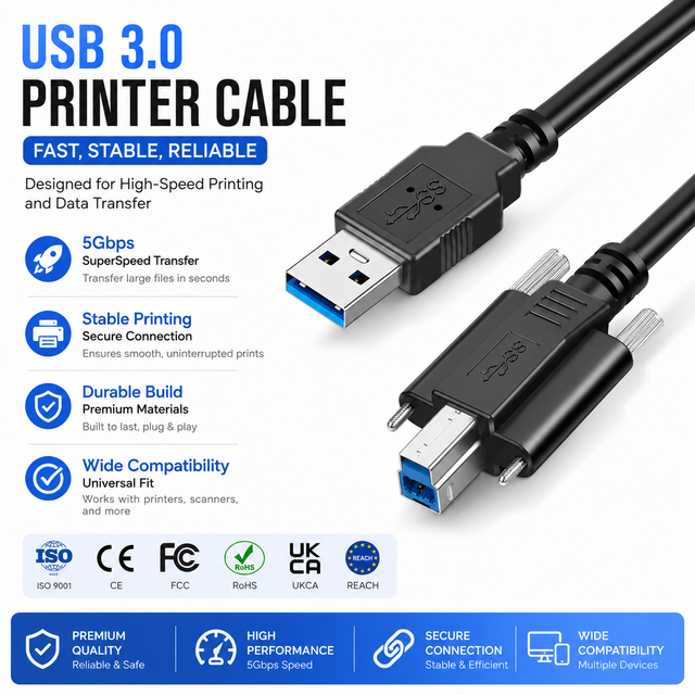 LUNG KAY OEM USB 3.0 Panel Mount Type B Cable with Dual Screw Lock 5Gbps High Speed Industrial Grade Data Cable