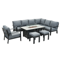 Ensemble de meubles de jardin modernes 9 places en aluminium Fimous canapé d'angle pour l'extérieur table de foyer au propane tissu gris foncé imperméable
