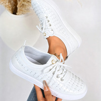 Neue Trendige Damen-Sneaker aus Mikrofaserleder mit Perlenakzenten, Flache Schnürschuhe für Mode, Party und Freizeit