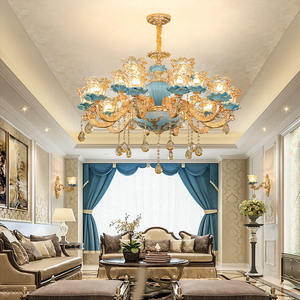 Lampadario di Lusso Blu Lago dal Design Europeo, Lampada in Ceramica e Cristallo per Hall di Hotel e Soggiorno - Product Image 2