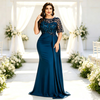 Robe de soirée grande taille bleu paon, manches courtes, haut en dentelle et sequins, jupe drapée, superposition, robe de cérémonie pour mère de la mariée, vente en gros