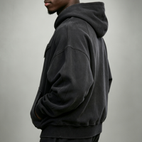 Sweat à capuche épais 420 g/m² en molleton bouclette, noir délavé, style streetwear, avec motif, épaules tombantes, coupe oversize pour homme