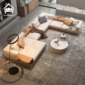 أريكة إيطالية فاخرة قابلة للغسل على شكل حرف L، أريكة مودولار من الجلد الأبيض والقماش لغرفة المعيشة - Product Image 5